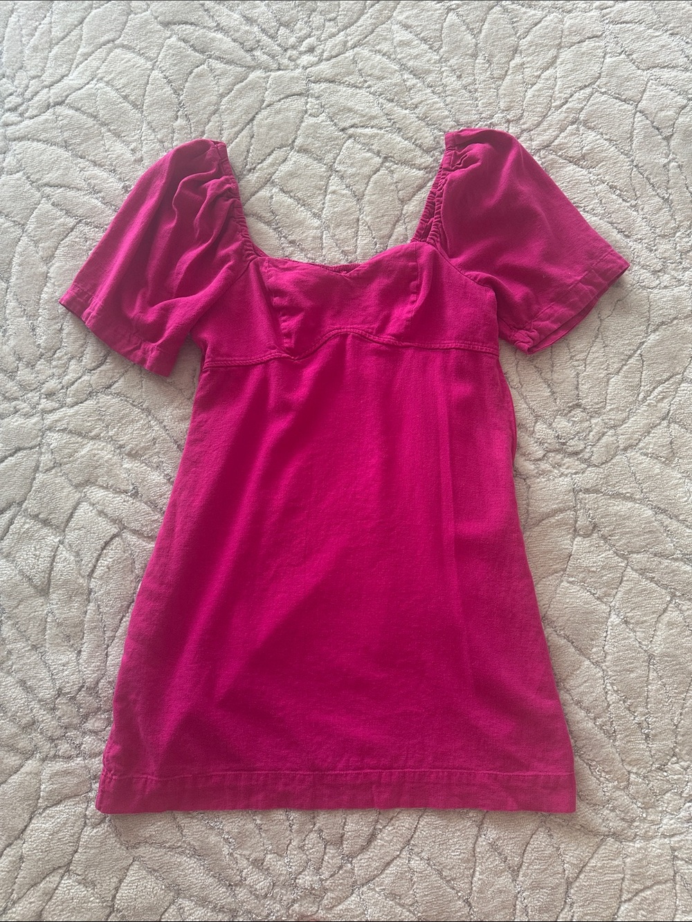 a new day Bright Fuchsia Linen Square Neck Puff Sleeve Mini Dress